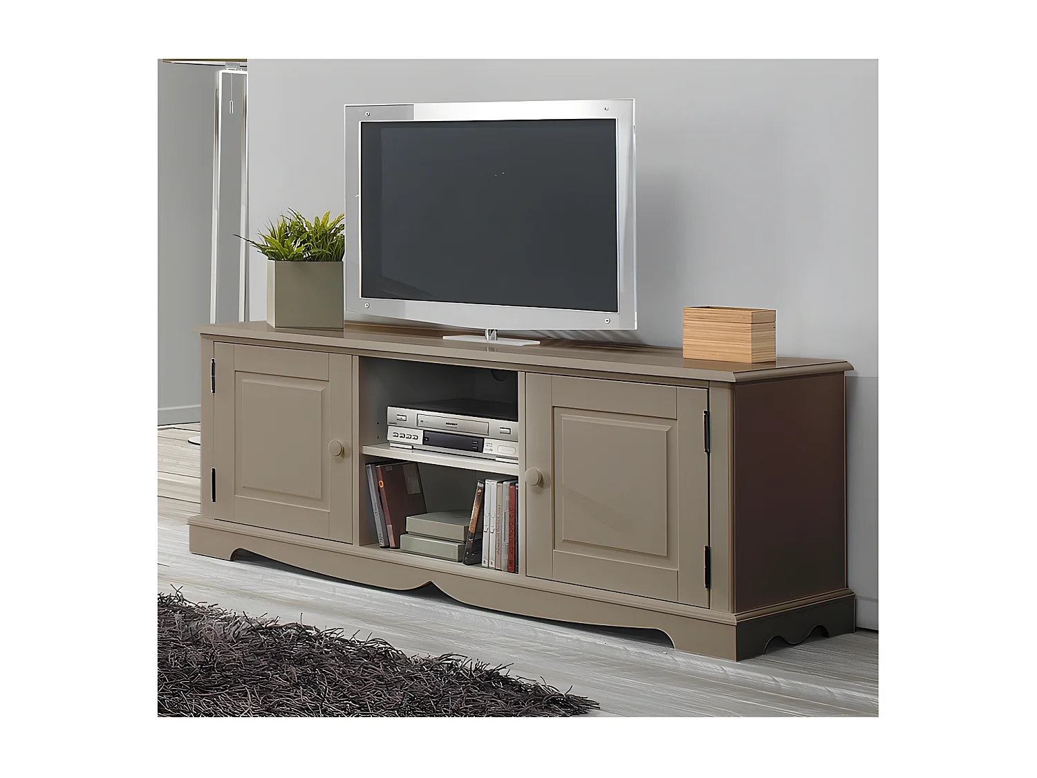 Meuble TV 60 Pouces Taupe Style Anglais 2 Portes 6 Niches 142.4 x 55.5 x 46 cm