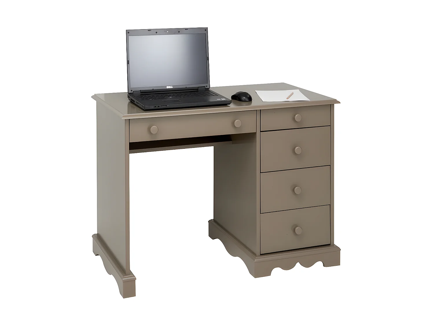 Bureau Taupe 1 Caisson 5 Tiroirs de Style Charme Anglais L 100 H 74.7 P 58.3 cm