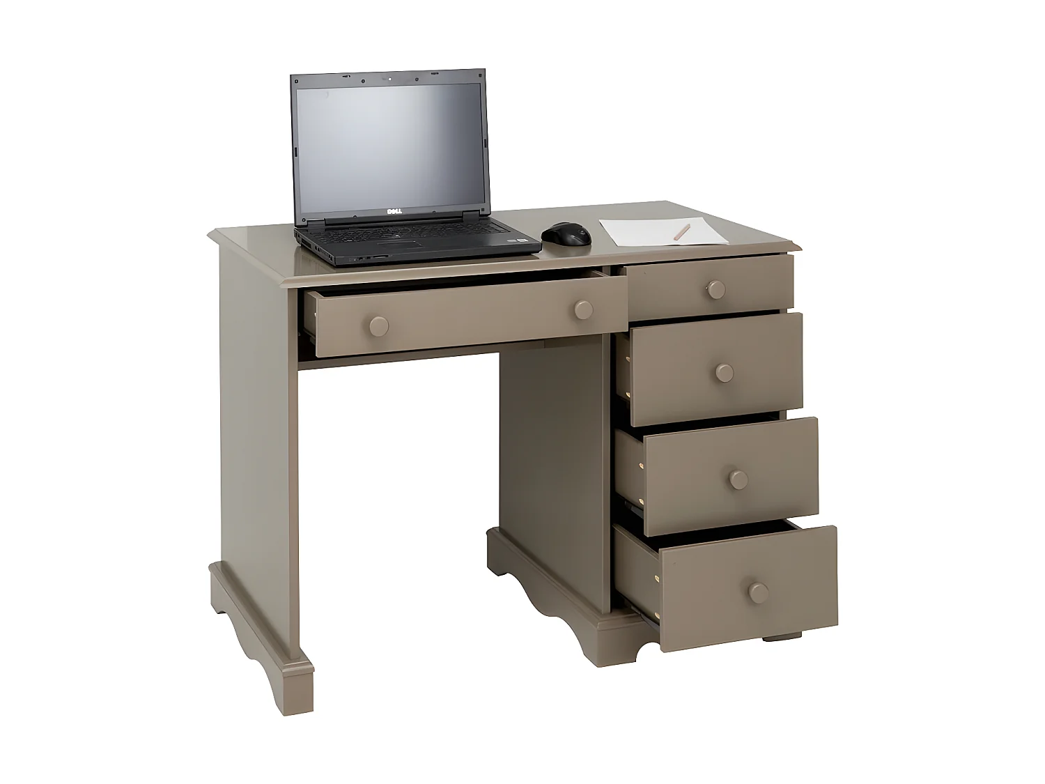 Bureau Taupe 1 Caisson 5 Tiroirs de Style Charme Anglais L 100 H 74.7 P 58.3 cm