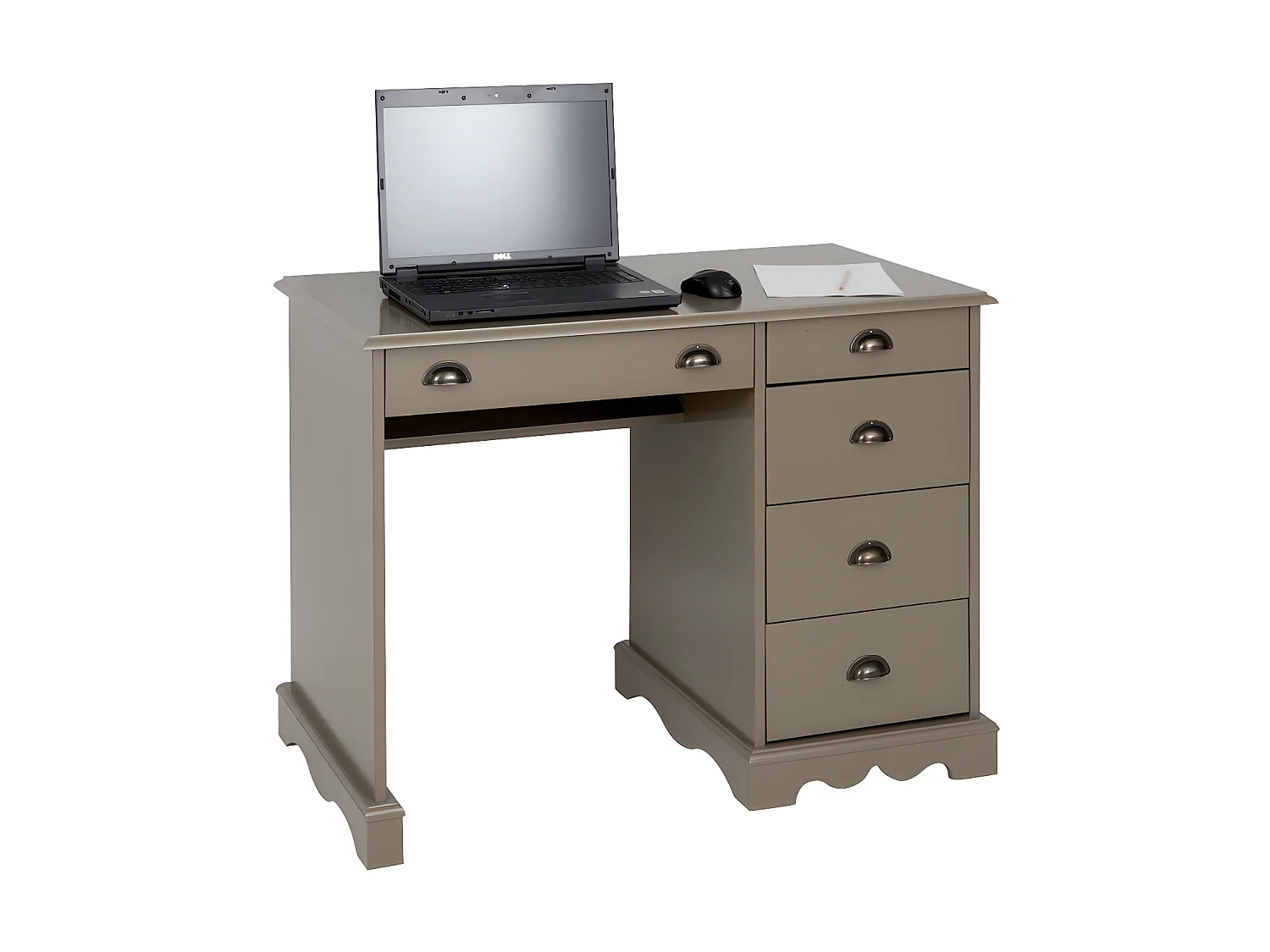 Bureau Taupe 1 Caisson 5 Tiroirs de Style Charme Anglais L 100 H 74.7 P 58.3 cm