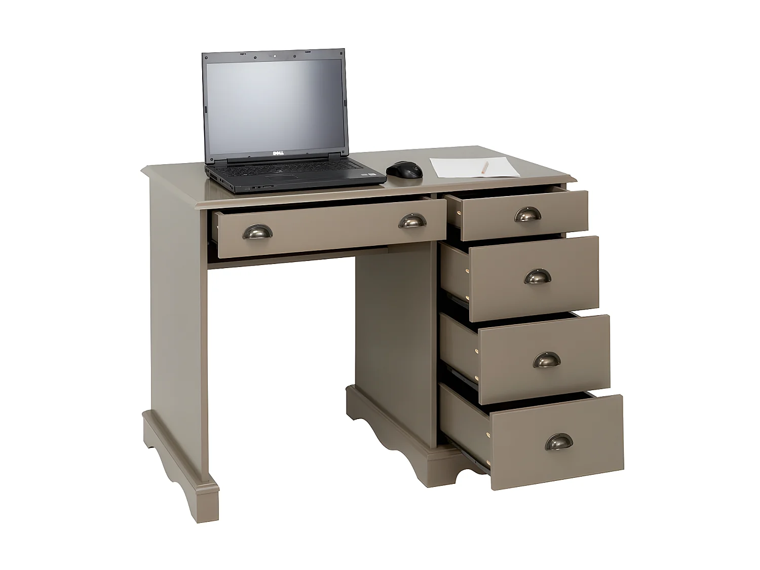 Bureau Taupe 1 Caisson 5 Tiroirs de Style Charme Anglais L 100 H 74.7 P 58.3 cm