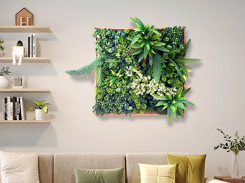 Tableau végétal synthétique 55 x 55 cm- Cadre naturel, feuillage vert - LOVARK