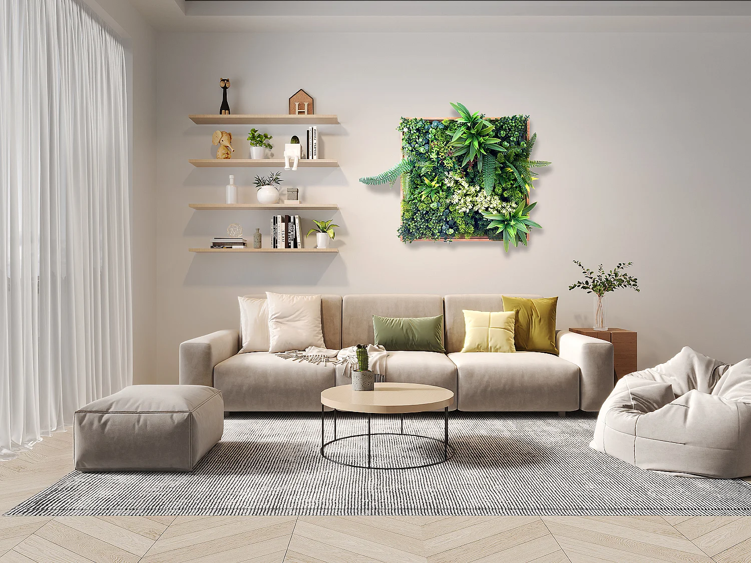 Tableau végétal synthétique 55 x 55 cm- Cadre naturel, feuillage vert - LOVARK