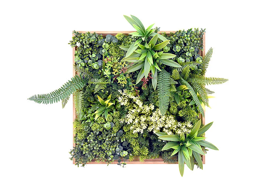 Tableau végétal synthétique 55 x 55 cm- Cadre naturel, feuillage vert - LOVARK