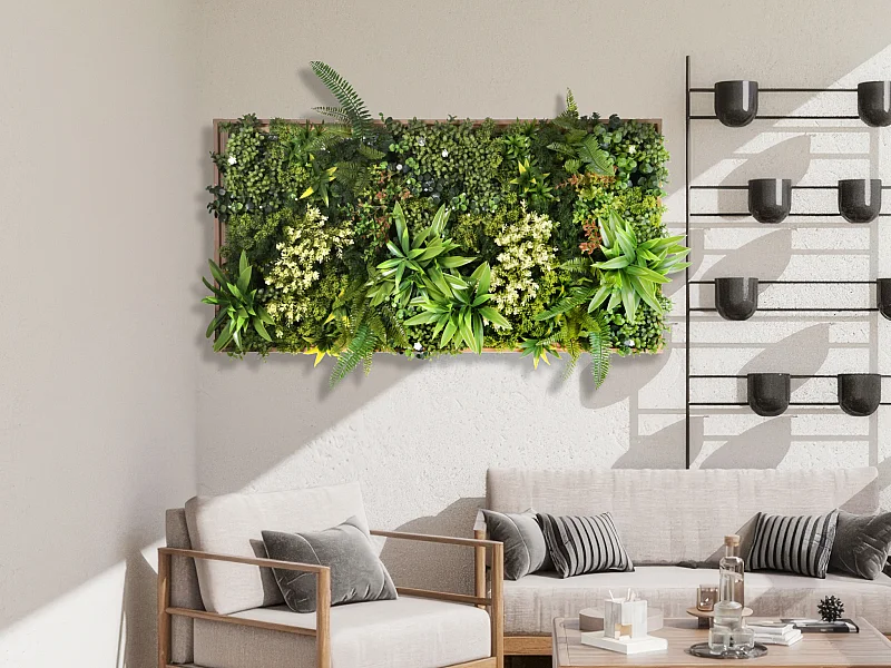 Schilderij met kunstplanten H55 x L106 cm - Naturel kader, groen gebladerte - WOODIL
