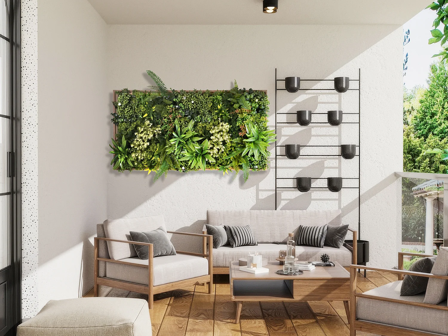 Jardim vertical artificial A55 x C106 cm, estrutura natural e folhagem verde - WOODIL