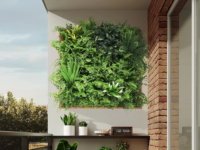 Pflanzenbild künstlich - 55 x 55 cm - Rahmen Holzfarben, Blätter Grün - VEGETIRI