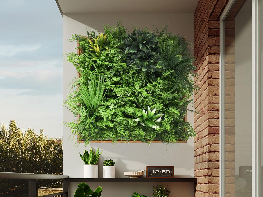 Jardim vertical artificial C55 x A55 cm, estrutura natural e folhagem verde - VEGETIRI