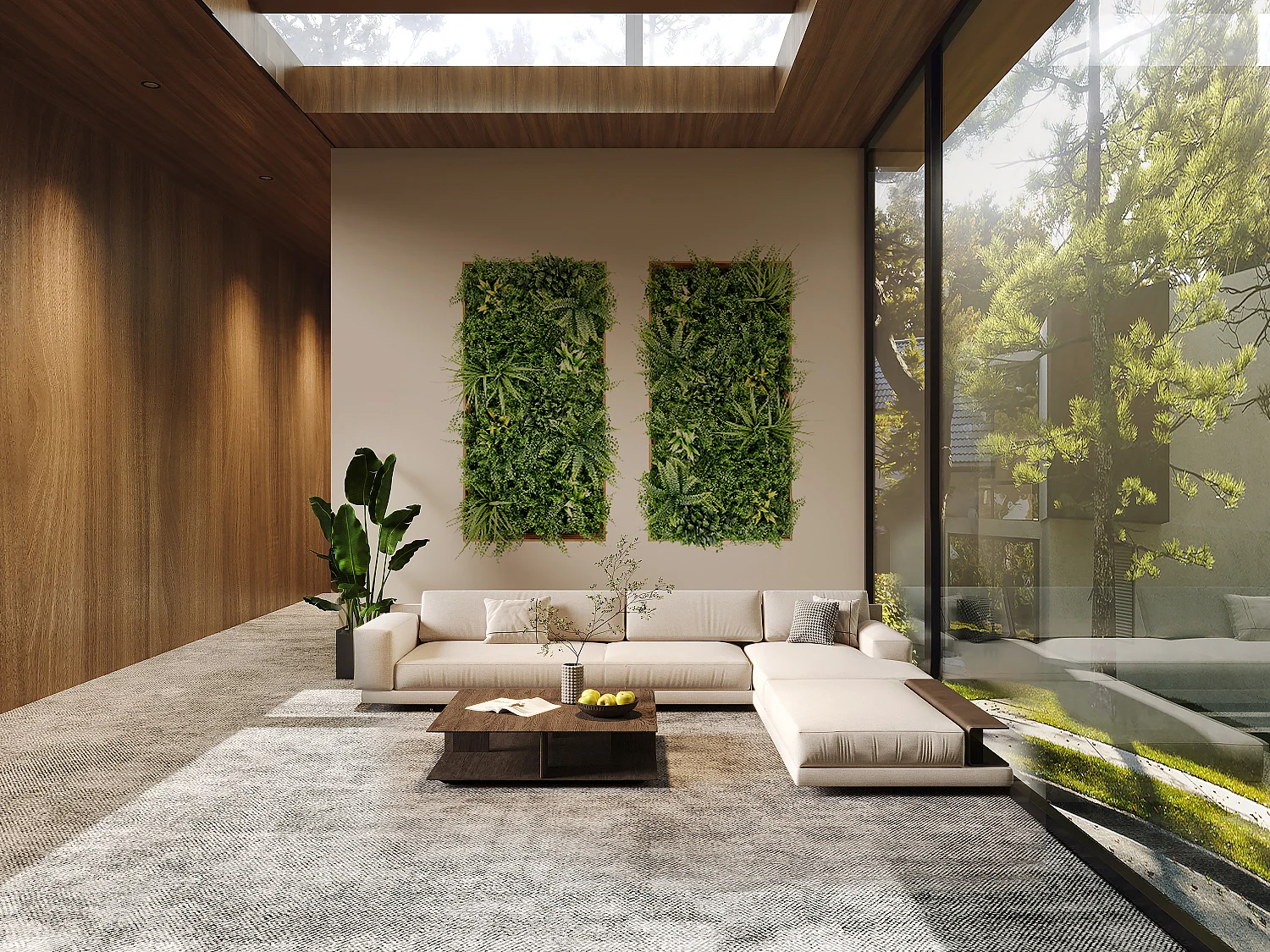 Schilderij met kunstplanten H106 x B55 cm - Naturel kader, groen gebladerte - TERAKLA