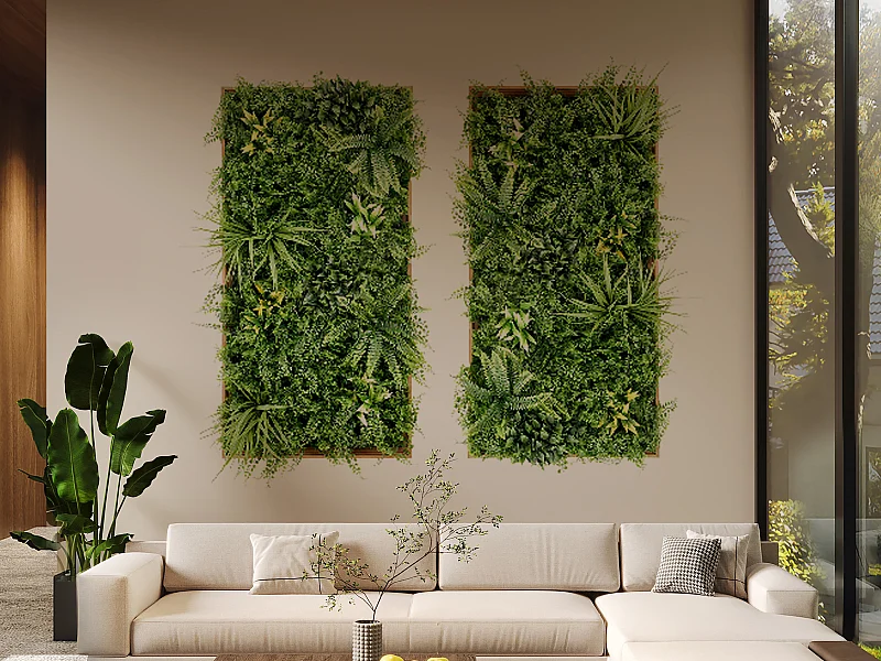 Jardim vertical artificial A106 x C55 cm, estrutura natural e folhagem verde - TERAKLA