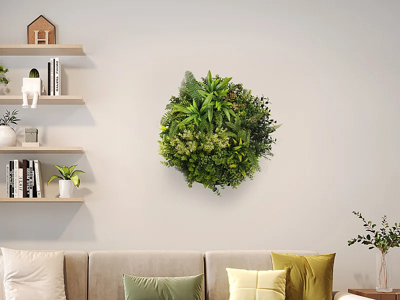 Pflanzenbild künstlich rund - 50 cm - Rahmen Holzfarben, Blätter Grün - BOISI