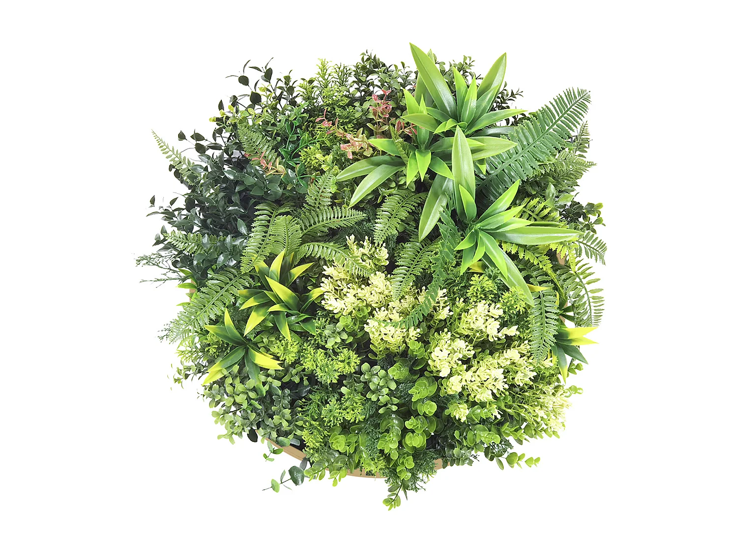 Tableau végétal synthétique rond - D.50cm - Cadre naturel, feuillage vert - BOISI