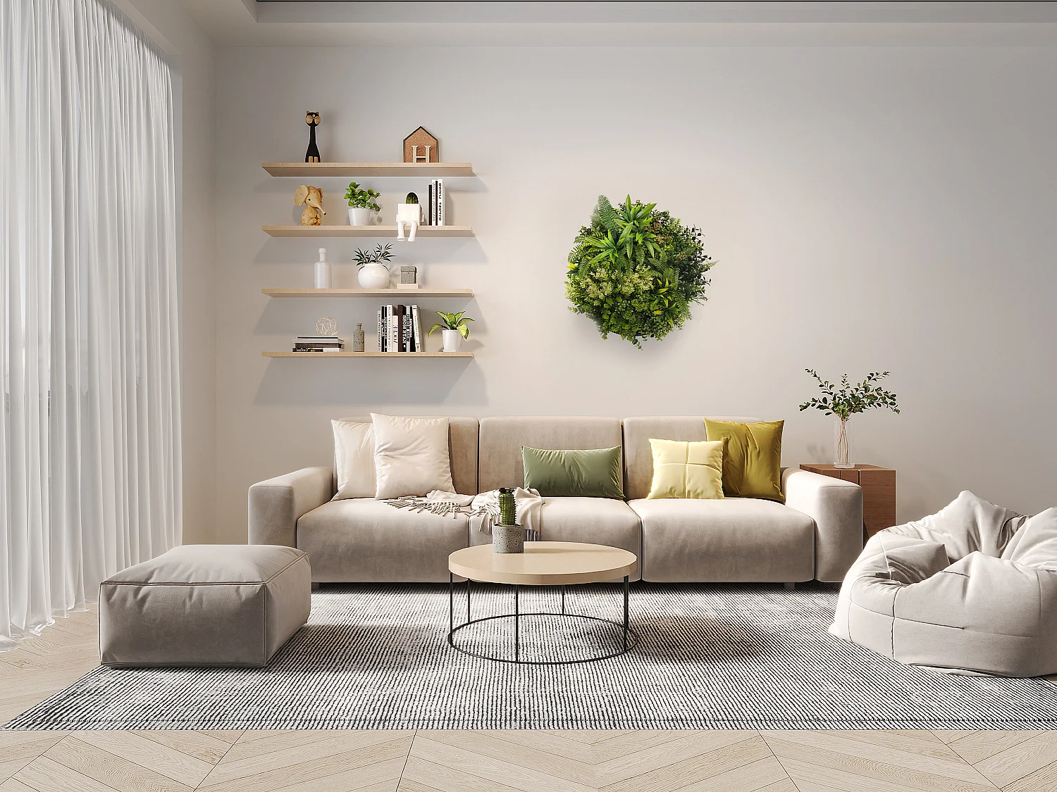 Tableau végétal synthétique rond - D.50cm - Cadre naturel, feuillage vert - BOISI