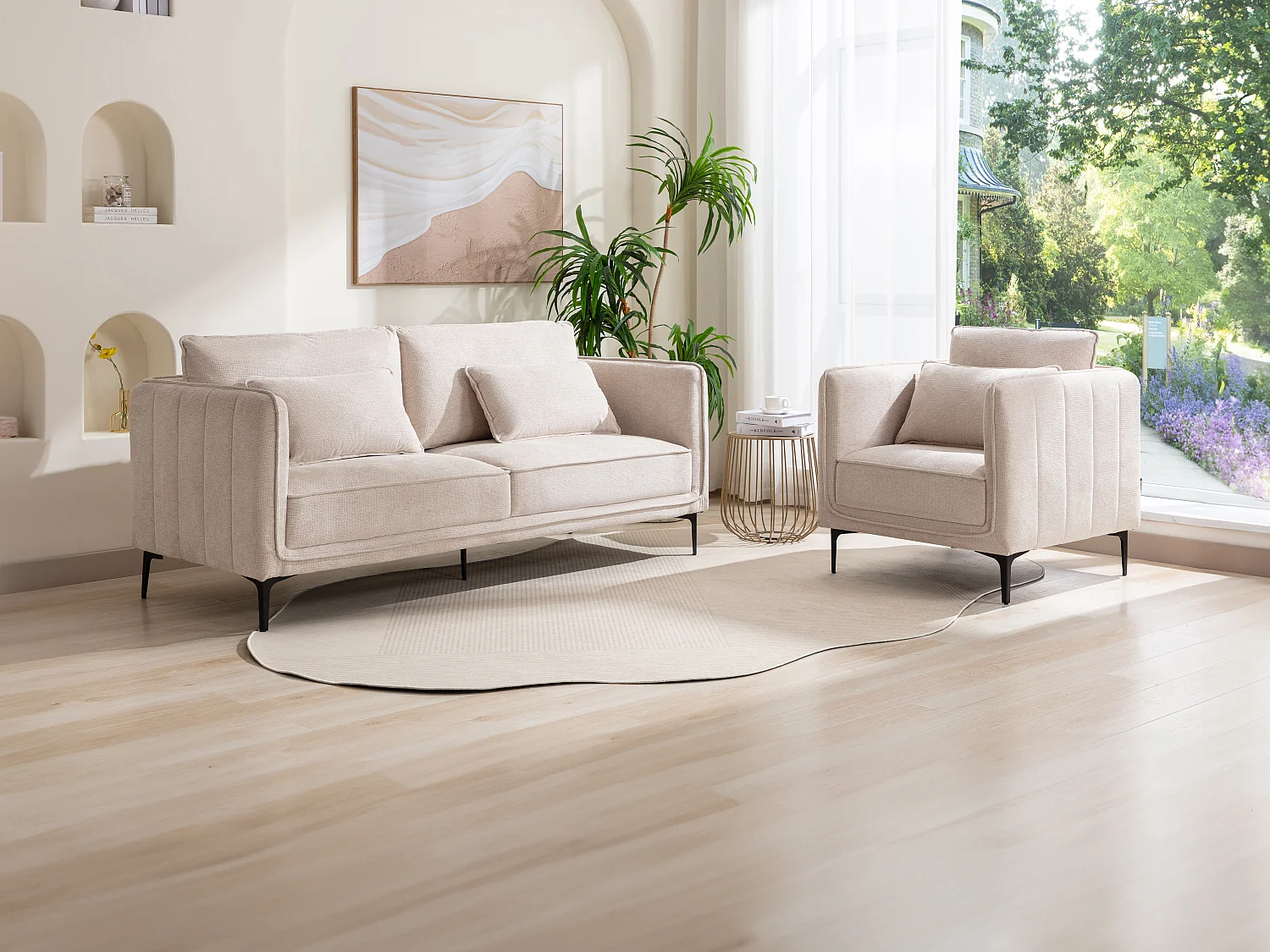 Canapé 3 places et fauteuil en tissu beige TORMELDA