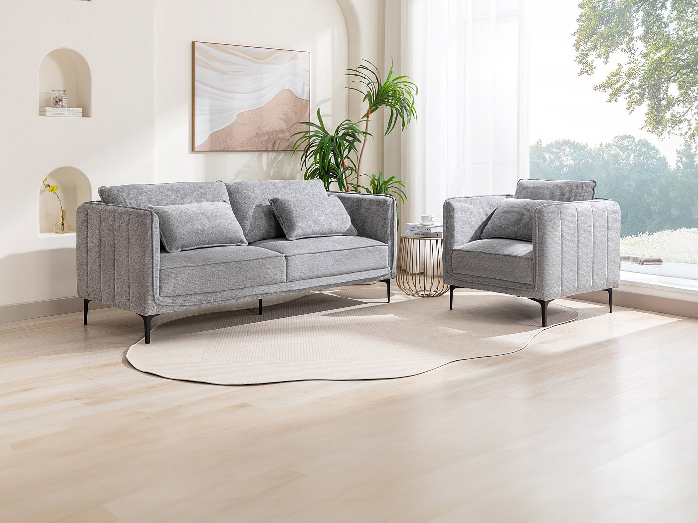 Canapé 3 places et fauteuil en tissu gris TORMELDA