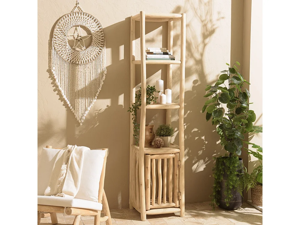 WILL - Étagère 2 niveaux 1 porte en branches de bois de teck naturel