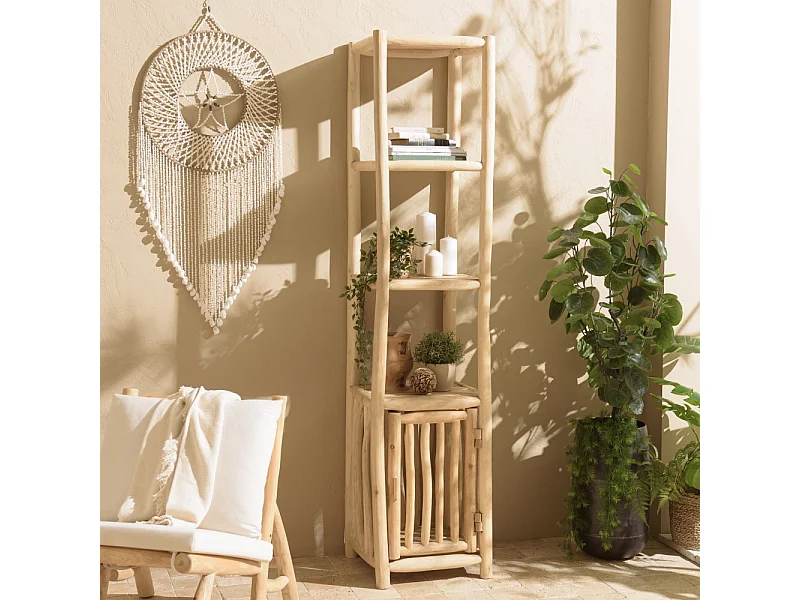 WILL - Étagère 2 niveaux 1 porte en branches de bois de teck naturel