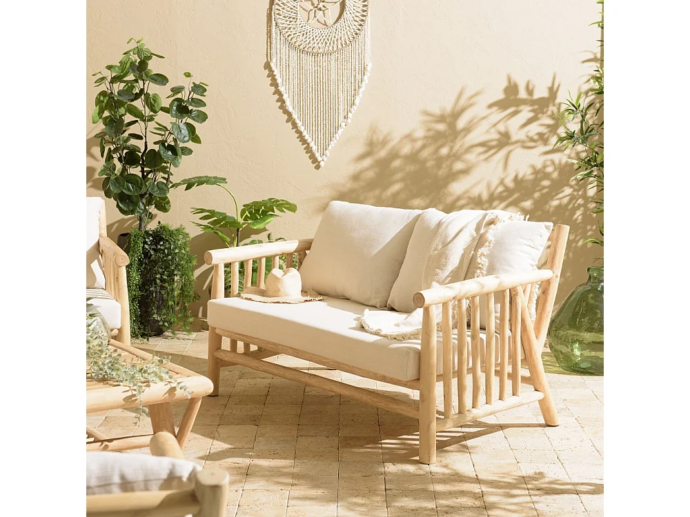 WILL - Canapé 2p. en branches de bois de teck naturel coussins blancs