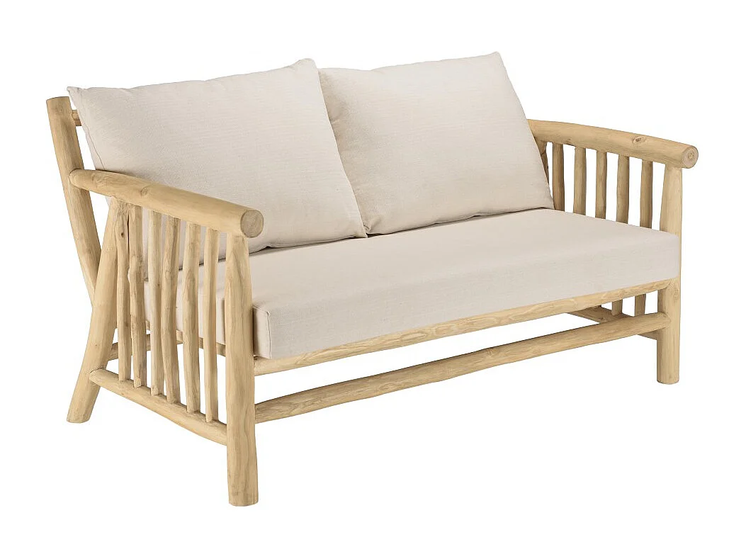 WILL - Canapé 2p. en branches de bois de teck naturel coussins blancs