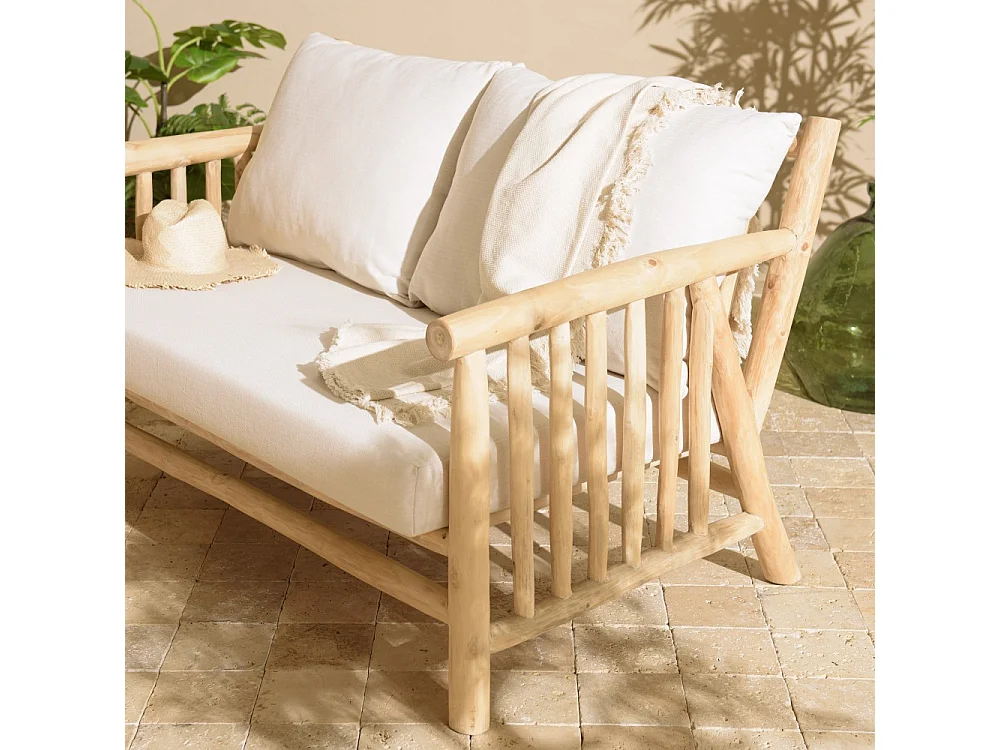 WILL - Canapé 2p. en branches de bois de teck naturel coussins blancs