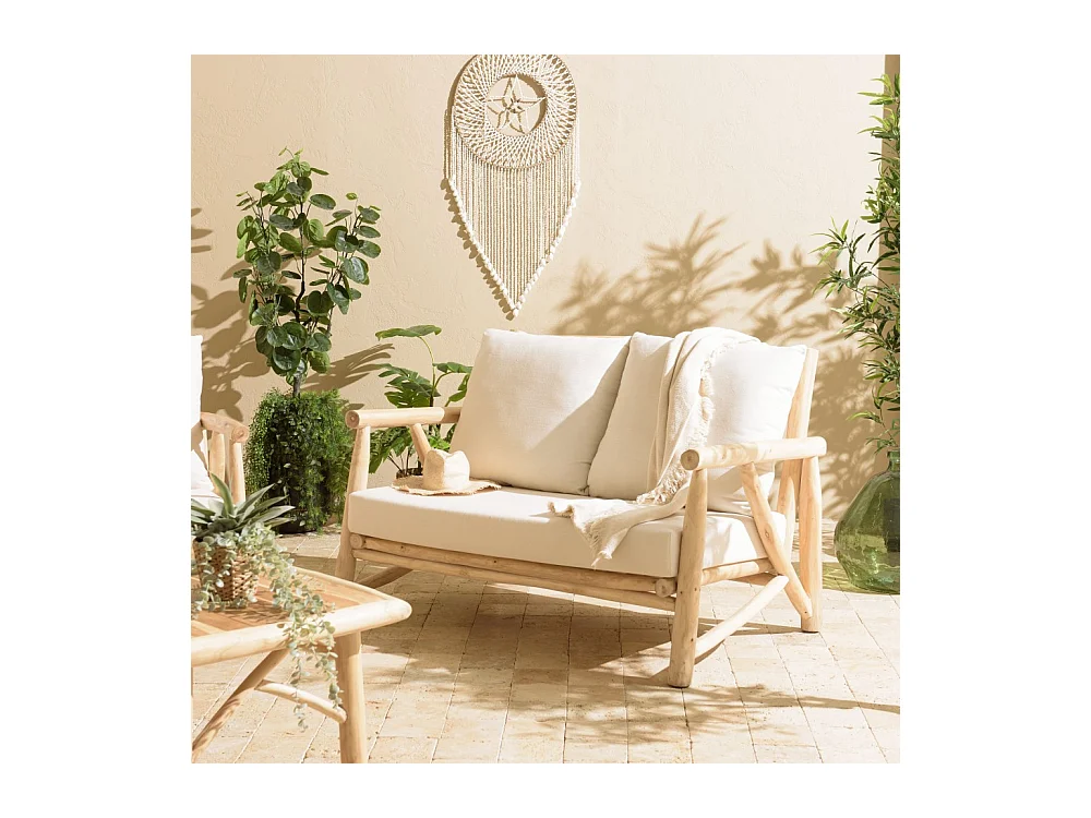 WILL - Canapé MADURA 2p. en branches de teck naturel coussins blancs