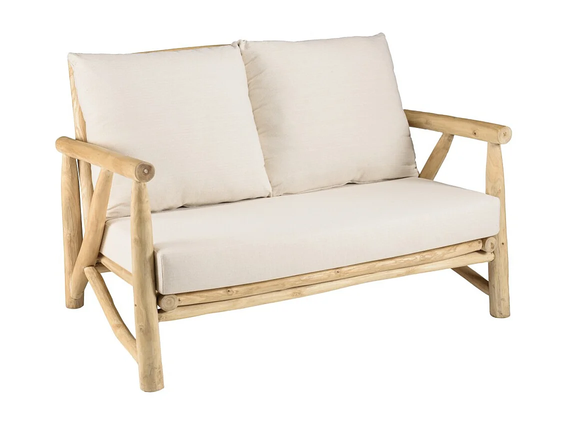 WILL - Canapé 2p. en branches de bois de teck naturel coussins blancs
