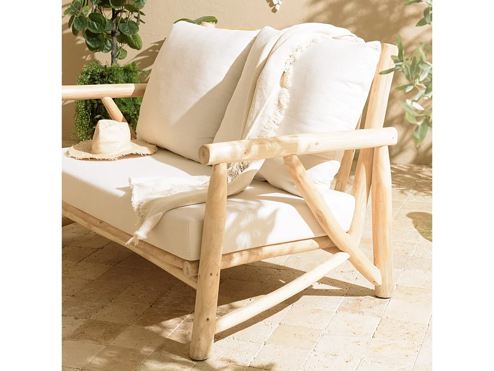 WILL - Canapé 2p. en branches de bois de teck naturel coussins blancs