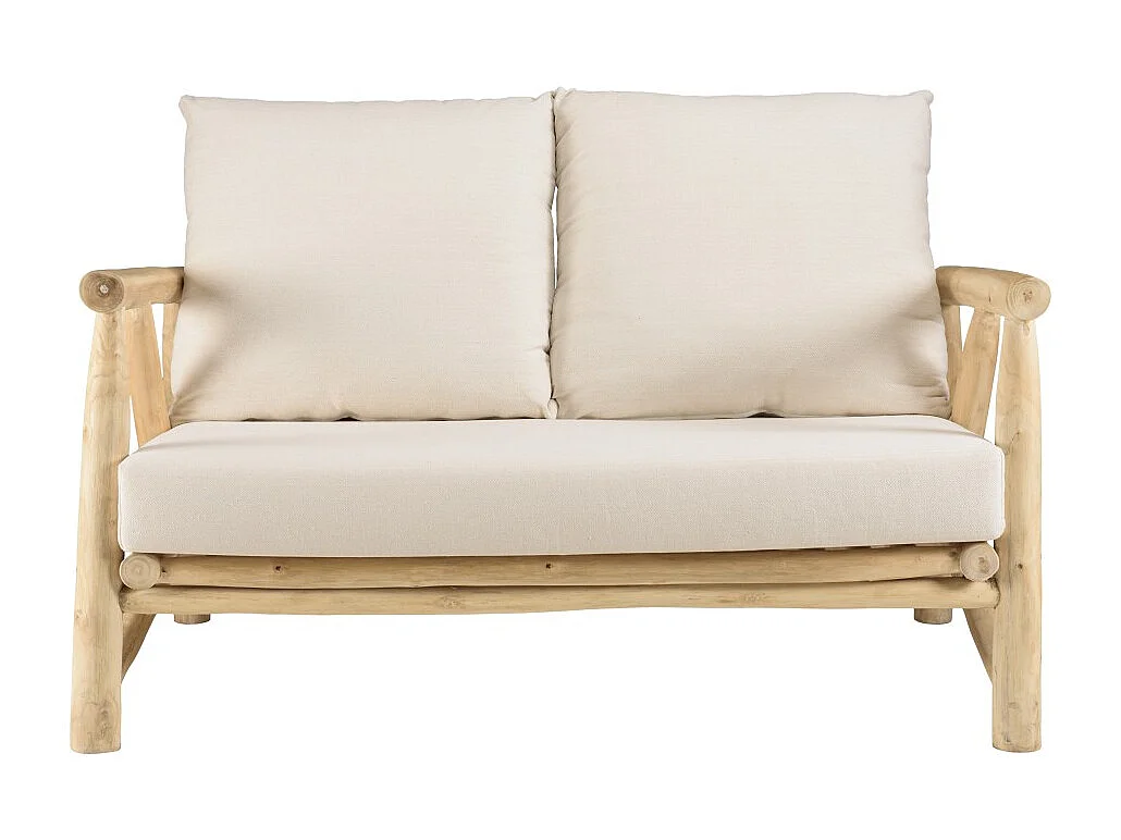 WILL - Canapé 2p. en branches de bois de teck naturel coussins blancs