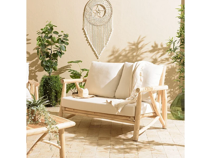 WILL - Canapé 2p. en branches de bois de teck naturel coussins blancs
