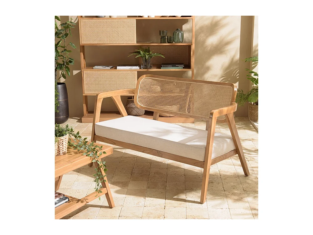 WILL - Canapé FLORES 2 p. en teck dossier cannage naturel coussin gris