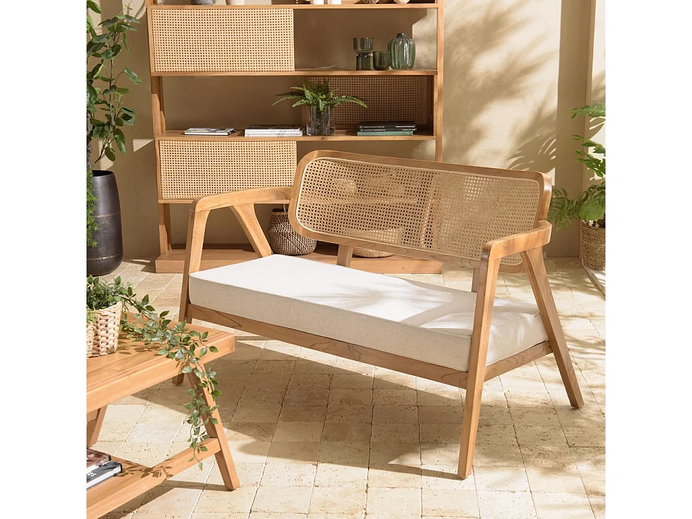 WILL - Canapé 2 p. bois de teck dossier cannage naturel coussin gris