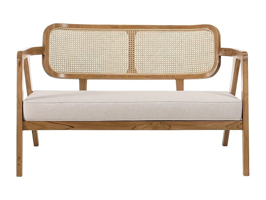 WILL - Canapé 2 p. bois de teck dossier cannage naturel coussin gris