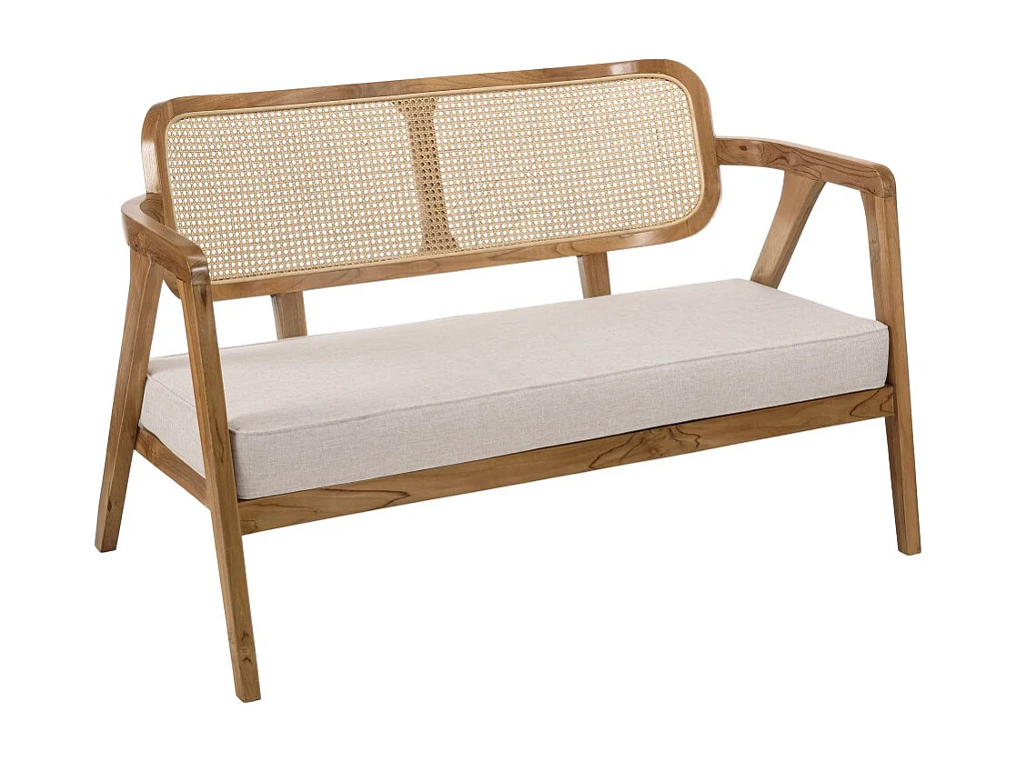 WILL - Canapé 2 p. bois de teck dossier cannage naturel coussin gris