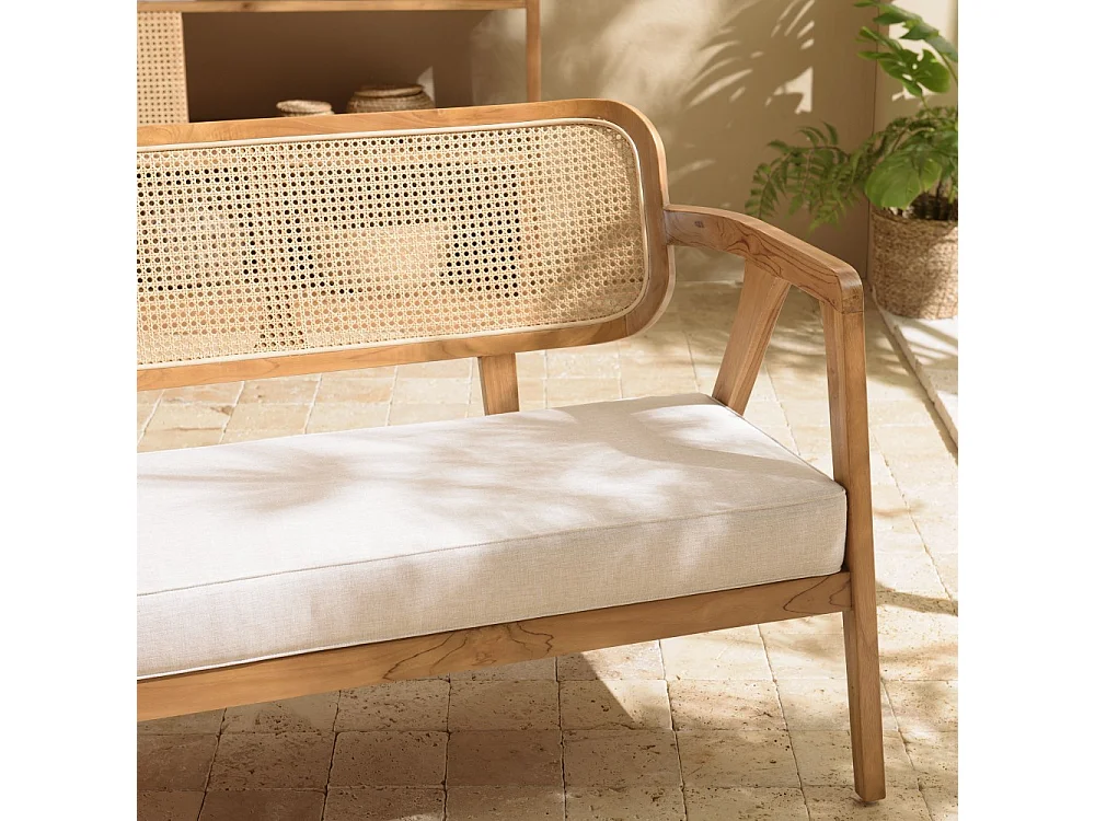 WILL - Canapé 2 p. bois de teck dossier cannage naturel coussin gris