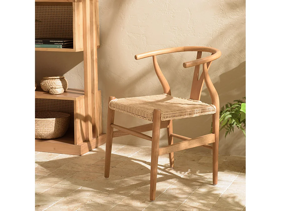 WILL - Chaise en bois de mahogany, dossier arrondi et assise en rotin
