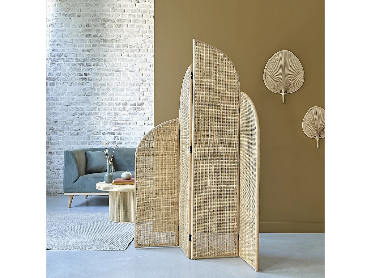 Paravent en rotin et cannage 4 panneaux