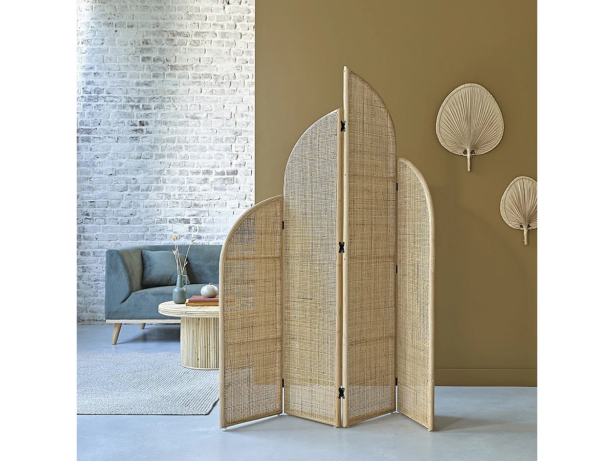 Paravent en rotin et cannage 4 panneaux