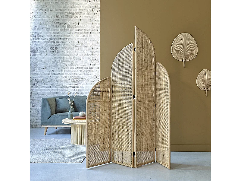 Paravent en rotin et cannage 4 panneaux