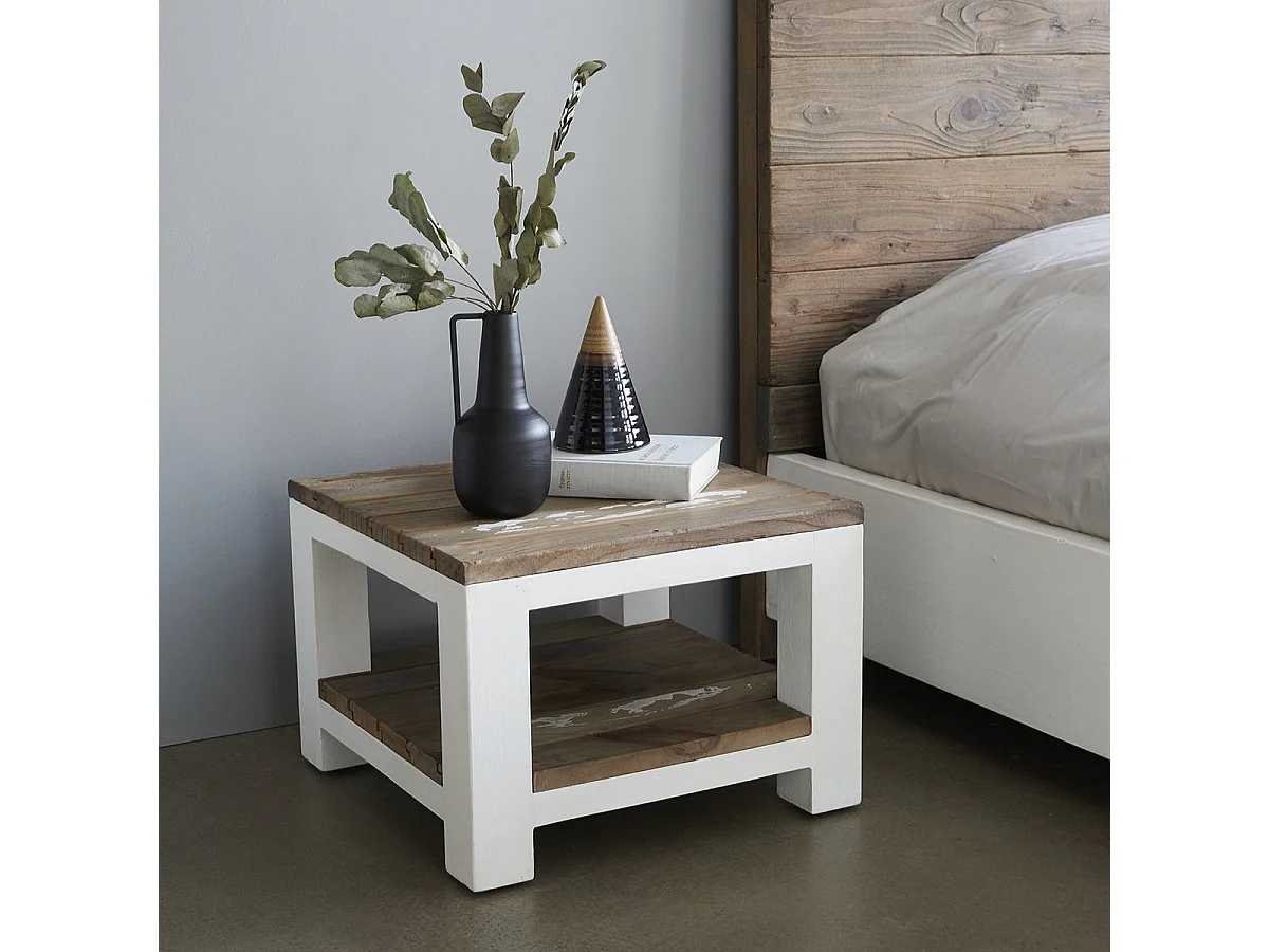 Table de chevet en bois recyclé massif double plateau