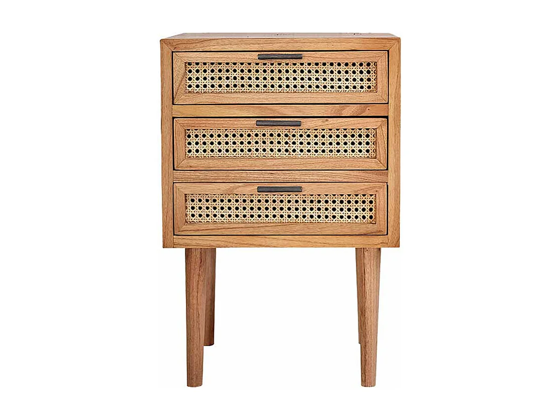 Table de chevet en bois massif et cannage 3 tiroirs