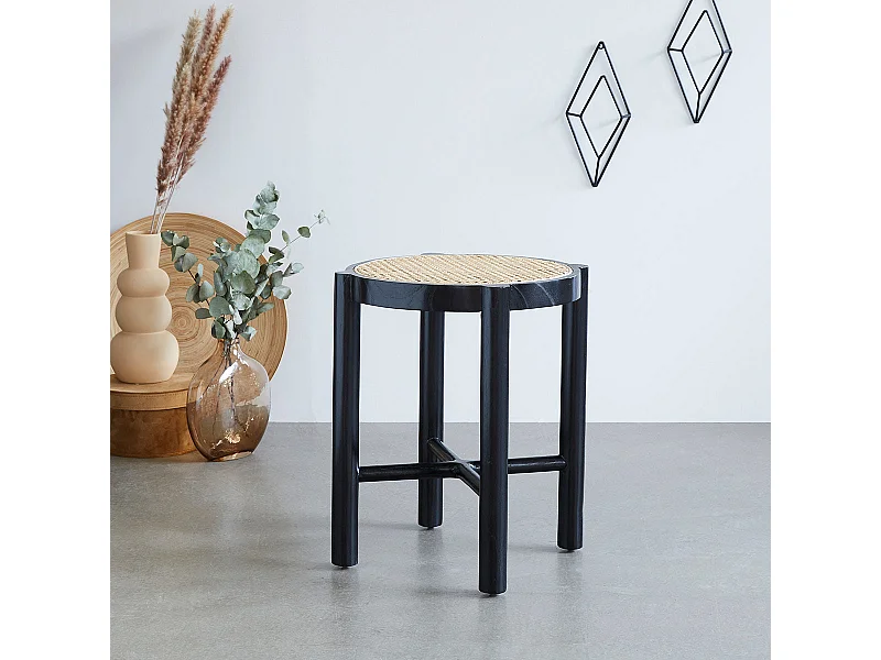 Comodino in legno massello di mogano e cannage nero