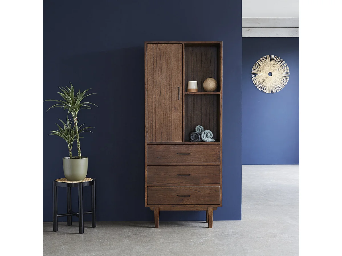 Comodino in legno massello di mogano e cannage nero