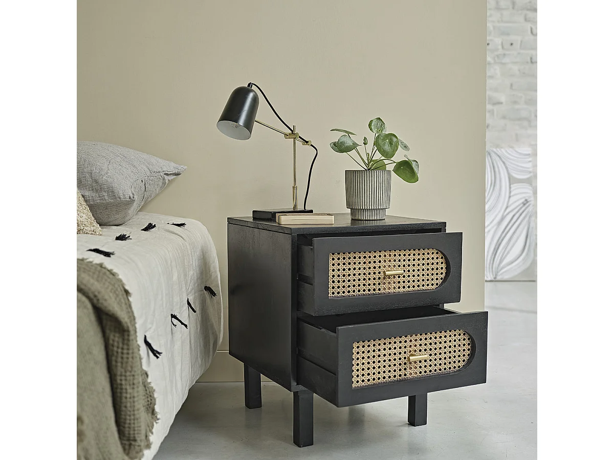 Table de chevet en manguier massif et cannage