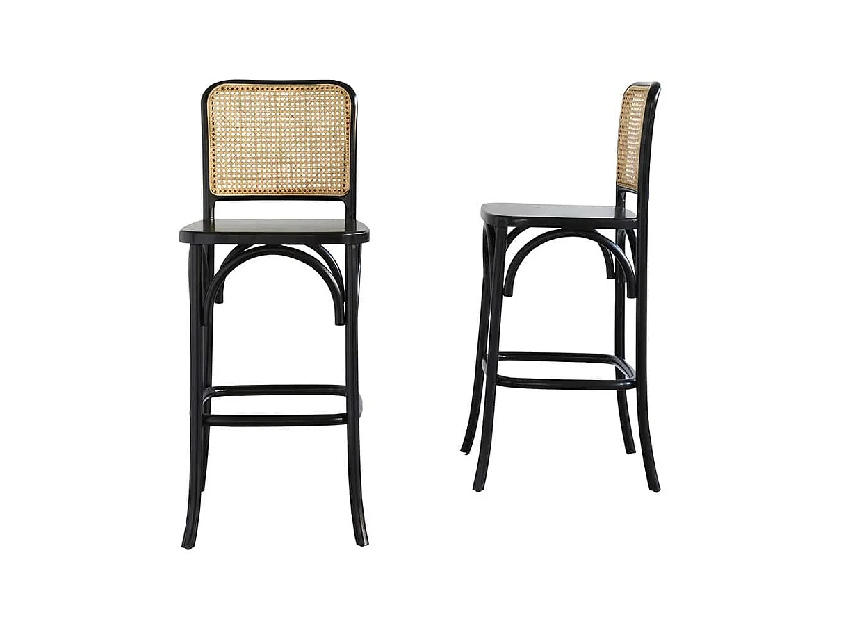 Lot de 2 tabourets de bar en acajou massif et cannage noir