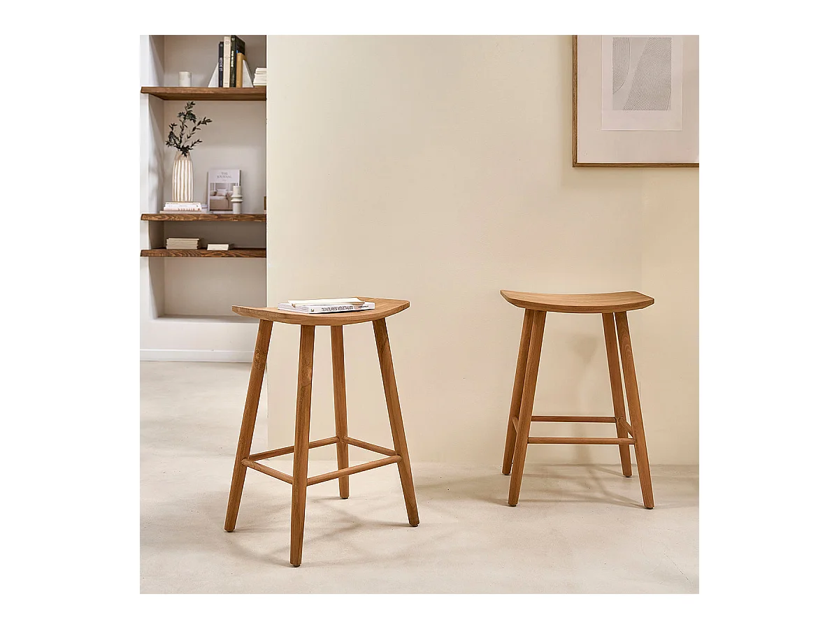 Lot de 2 tabourets en teck massif 65 cm