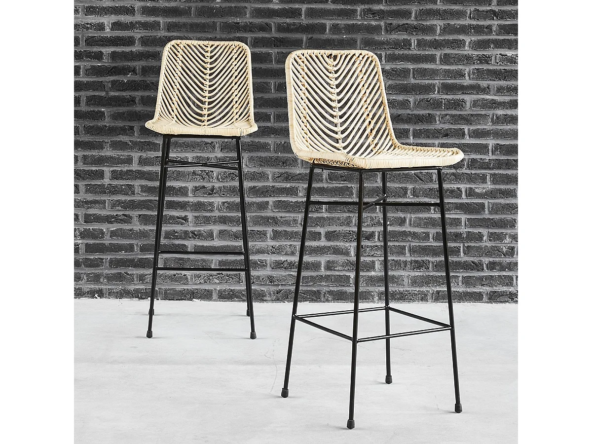 Lot de 2 tabourets de bar en rotin et métal