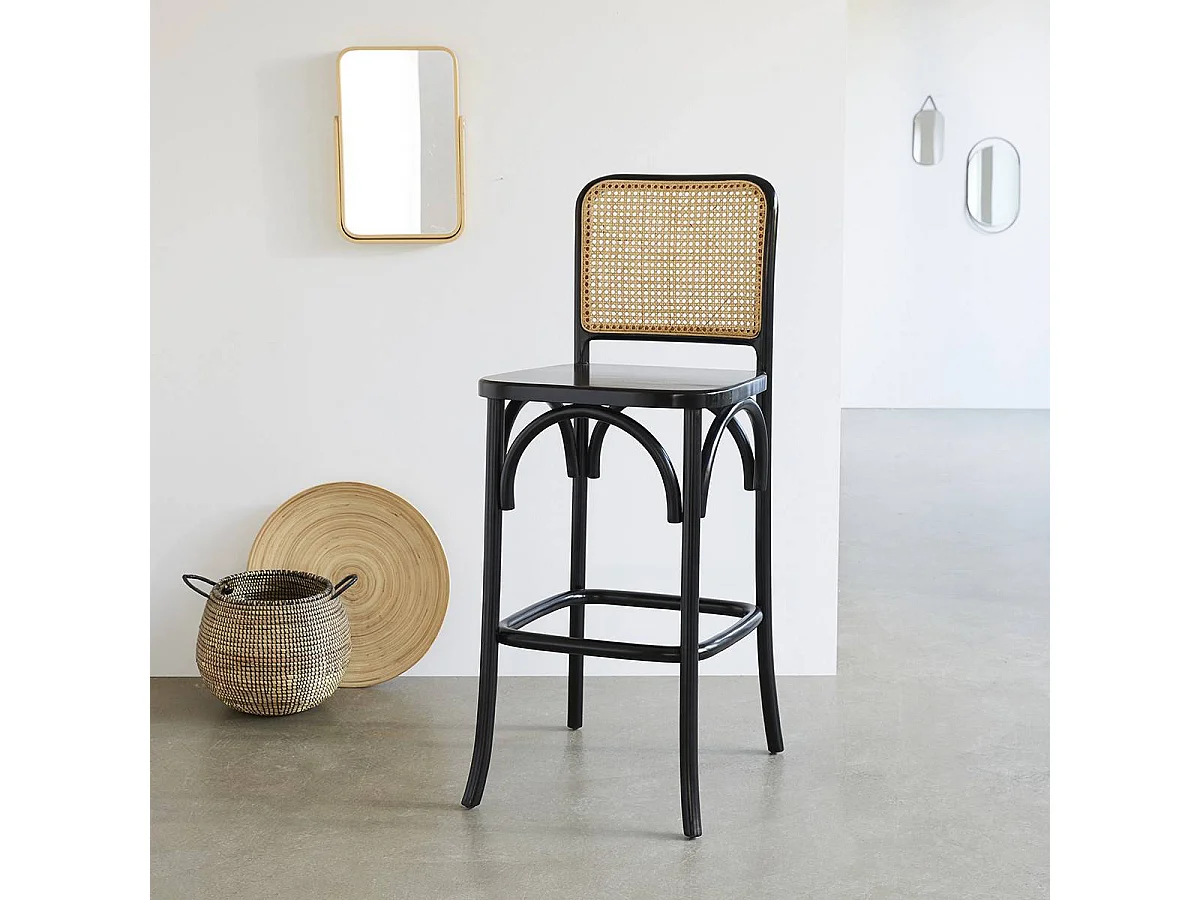 Tabouret de bar en bois d'acajou et cannage