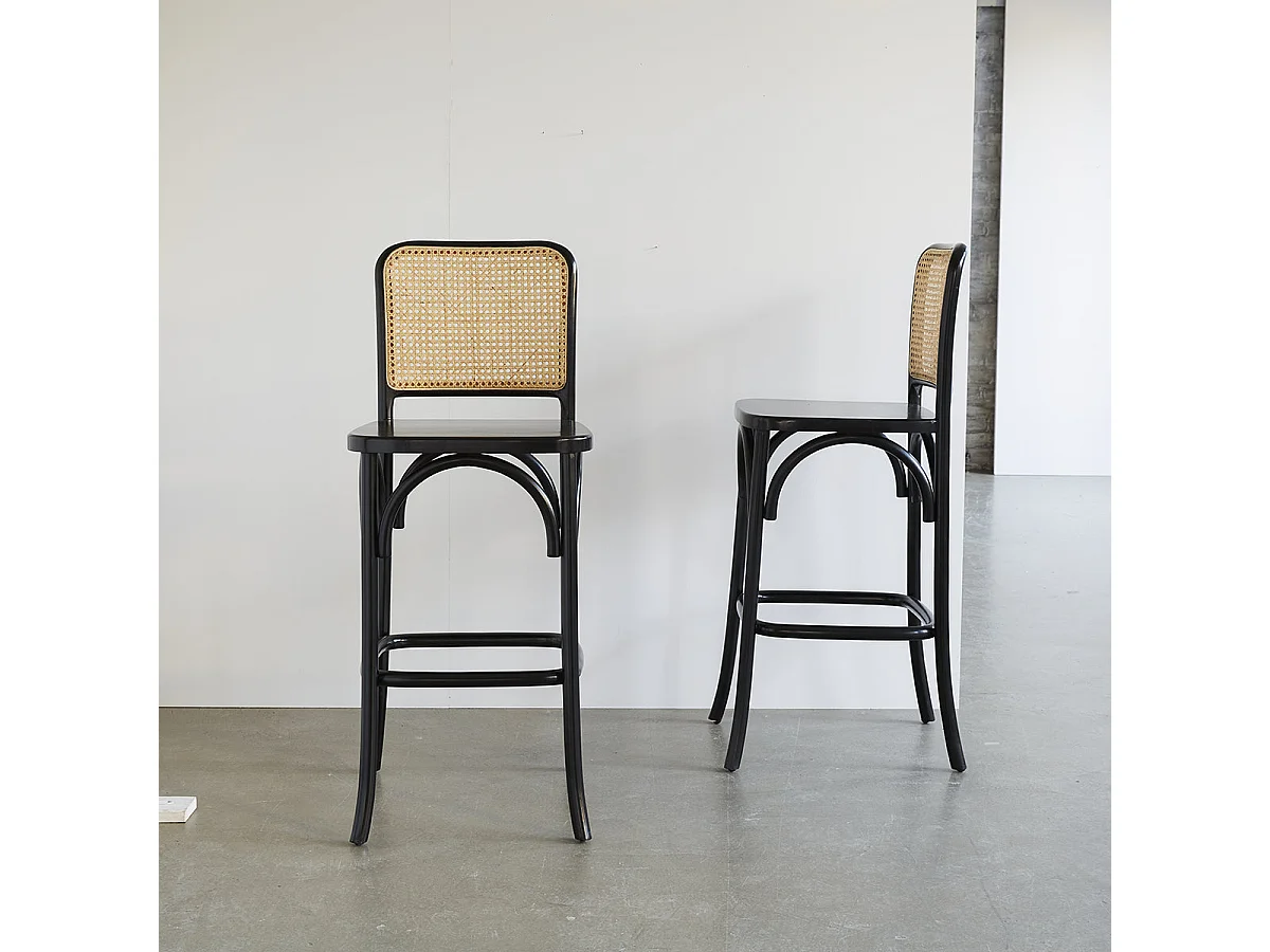 Tabouret de bar en bois d'acajou et cannage