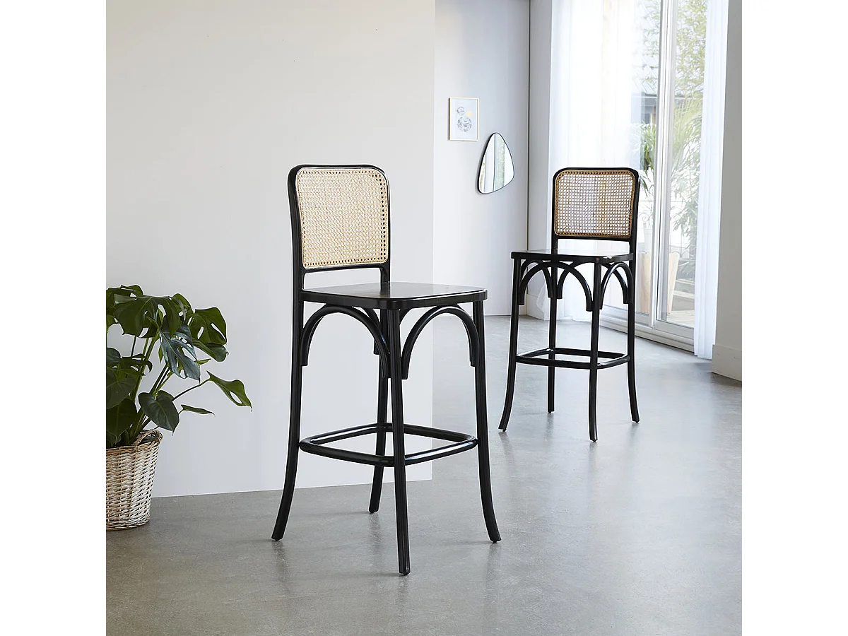 Tabouret de bar en bois d'acajou et cannage