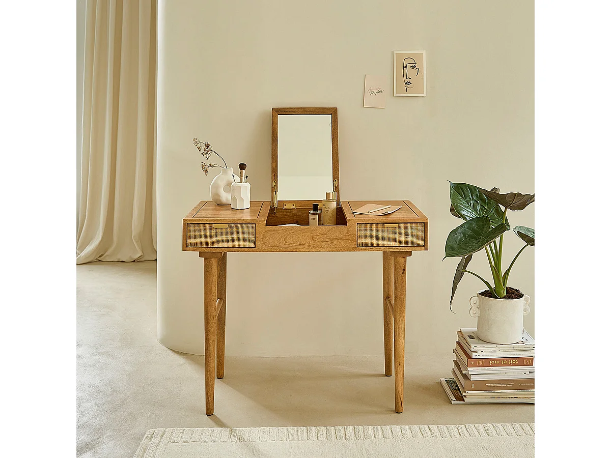 Toeletta in legno massello di mango e cannage